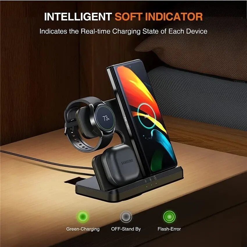 3-in-1 Wireless Charger Stand for Samsung S22, S21, S20, S10 Ultra; Note series; Galaxy Watch 5, 4; Active Buds 15W - Image 9